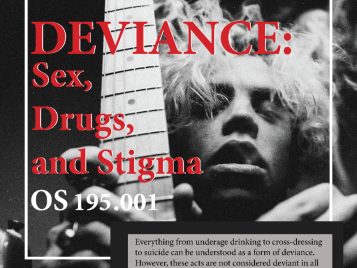 Poster for "DEVIANCE: Sex, Drugs, and Stigma (OS 195.001)." Features a black and white photo of a guitar neck and hand, with red and white typography. Text boxes provide course information and description, emphasizing that it is designed for first-year students and does not require prior Organizational Studies experience. University of Michigan LSA Organizational Studies logo and contact info for Lisa Fein (lisafein@umich.edu) are included. The design uses bold, moody tones.